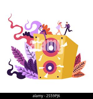 Musik und Melodien Klänge, die von Lautsprechervektoren ausgehen. Leute tanzen auf großen Megaphonen, Lautsprecher mit musikalischem Sound, Tänzer, die eine Disco-Party oben haben. Blattwerk und hinterlässt elektronische Boombox. Musik und Melodien Klänge aus Lautsprechern Stock Vektor