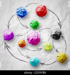 zerknittertes Papier Farben als soziales Netzwerkstruktur auf faltige Papier Kreativkonzept Stockfoto