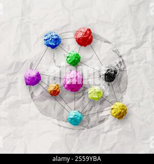 zerknittertes Papier Farben als soziales Netzwerkstruktur auf faltige Papier Kreativkonzept Stockfoto