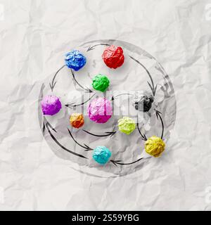 zerknittertes Papier Farben als soziales Netzwerkstruktur auf faltige Papier Kreativkonzept Stockfoto