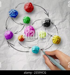 Hand greift Farben zerknittertes Papier als soziales Netzwerkstruktur auf faltige Papier Kreativkonzept Stockfoto