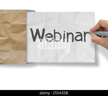 Handschrift-Webinar mit zerknittertes Papier mit Recycling-Umschlag als Konzept Stockfoto