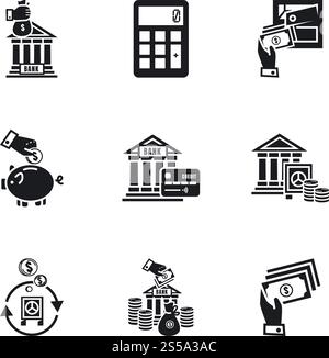 Money Bank Symbolsatz. Einfacher Satz von 9 Geldbank-Vektorsymbolen für Webdesign isoliert auf weißem Hintergrund. Money Bank Icon Set, einfacher Stil Stock Vektor