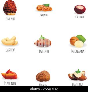 NUTS-Symbolsatz. Zeichentricksatz von 9 Nüssen Vektor-Symbole für Webdesign isoliert auf weißem Hintergrund. NUTS-Symbol-Set, Cartoon-Stil Stock Vektor