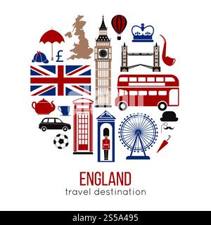 England Großbritannien Sehenswürdigkeiten und berühmte Vektorreiseattraktionen Poster. Vektorsymbole von britischer Karte und Flagge, Big Ben Tower und Westminster Abbey, London Eye and Bridge oder königlicher Garde. England Großbritannien Sehenswürdigkeiten und berühmte Vektorreiseattraktionen Poster. Stock Vektor
