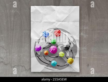 zerknittertes Papier Farben als soziales Netzwerkstruktur auf faltige Papier Kreativkonzept Stockfoto