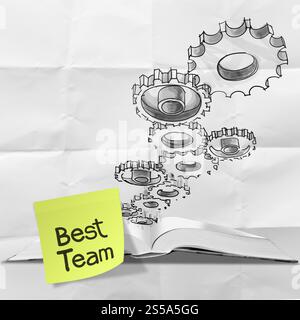 handgezeichnete Gang Zahnrad beste Team mit Notiz auf zerknülltes Papier als Konzept Stockfoto