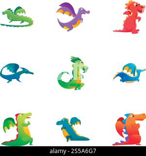 Drachen-Symbolgruppe. Zeichentricksatz von 9 Drachen Vektorsymbole für Webdesign isoliert auf weißem Hintergrund. Drachen-Symbol-Set, Cartoon-Stil Stock Vektor