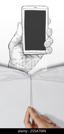 Öffnen Sie zerknittertes Papier mit Hand gezeichneten Händen mit Handy als Konzept Stockfoto