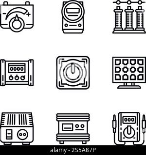 Symbolsatz Solarenergieverwandler. Umrisssatz von 9 Vektorsymbolen für Webdesign isoliert auf weißem Hintergrund. Symbolsatz Solarstromwandler, Umrissstil Stock Vektor