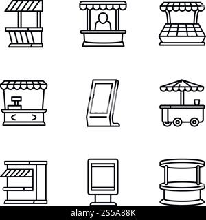 Straßenkiosk-Symbolsatz. Kontursatz von 9 Straßenkiosk-Vektorsymbolen für Webdesign isoliert auf weißem Hintergrund. Straßenkiosk-Symbolsatz, Umrissstil Stock Vektor