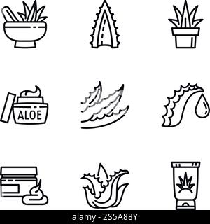 Aloe Vera Symbolsatz. Kontursatz von 9 Aloe Vera Vektorsymbolen für Webdesign isoliert auf weißem Hintergrund. Aloe Vera Symbolsatz, Umrissstil Stock Vektor