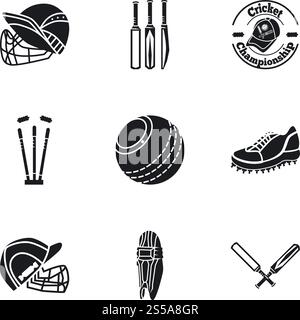 Symbolsatz für Cricket-Ausrüstung. Einfacher Satz von 9 Cricket-Ausrüstung Vektorsymbolen für Web-Design isoliert auf weißem Hintergrund. Cricket Ausrüstung Icon Set, einfacher Stil Stock Vektor