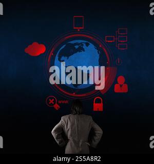 Unternehmer mit Blick auf 3d Welt mit Vorhängeschloss als Internet Security-Online-Business-Konzept Stockfoto