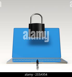 Geschäftsmann, Blick auf 3d Laptop-Computer mit Vorhängeschloss als Internet Security-Online-Business-Konzept Stockfoto