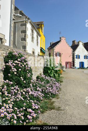Insel Ile de sein (Bretagne, Nordwestfrankreich): Blick auf das Dorf mit seinen bunten Häusern Stockfoto