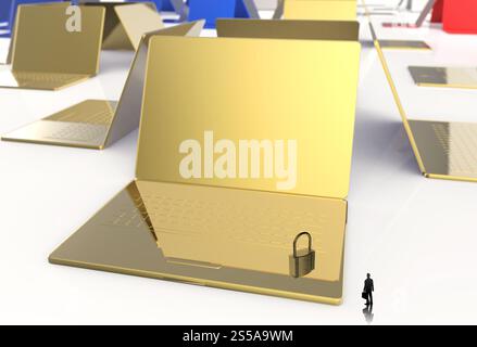 Geschäftsmann, Blick auf 3d Laptop-Computer mit Vorhängeschloss als Internet Security-Online-Business-Konzept Stockfoto