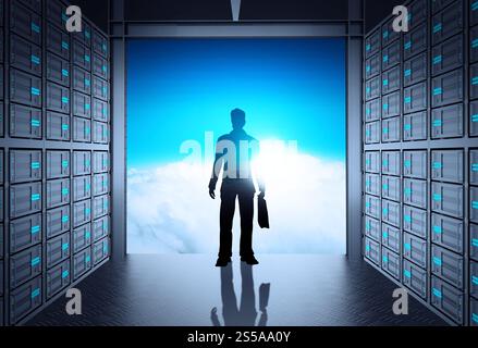 Ingenieur-Geschäftsmann in 3d Netzwerk-Server-Raum und Cloud außerhalb als Konzept Stockfoto