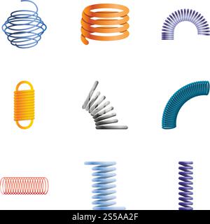 Bunte Spulensymbole. Zeichentricksatz von 9 bunten Spulenvektorsymbolen für Webdesign isoliert auf weißem Hintergrund. Buntes Coil-Symbol-Set, Cartoon-Stil Stock Vektor