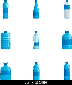 Symbolsatz für Wasserflasche. Zeichentricksatz von 9 Wasserflasche Vektor-Icons für Web-Design isoliert auf weißem Hintergrund. Wasserflaschen-Symbol-Set, Cartoon-Stil Stock Vektor