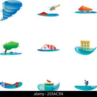 Symbolsatz für Katastrophen. Zeichentricksatz von 9 Kataklysm Vektor-Icons für Web-Design isoliert auf weißem Hintergrund. Cataclysm Icon Set, Cartoon Style Stock Vektor