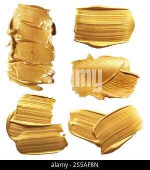 Goldene Farbstriche auf weißem Hintergrund, Set Stockfoto