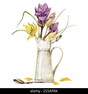Frühlingsblumen, gelbe Tulpe, malve Magnolie camelia Knospen in Vintage Milchkännchen Vase handgezeichnet in Aquarell. Botanische Illustration des Blumenstraußes Stockfoto