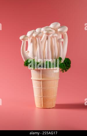 Nahaufnahme eines Haufens Shimeji-Pilze mit grünem Moos in einer Eiskegel, auf hellem, farbenfrohem, rosa Hintergrund, Superfood, eine Art köstlicher Oys Stockfoto