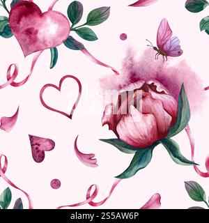 Romantisches nahtloses Muster mit rosa Pfingstrosenblüte auf verschwommenem Fleck, mit Herzen und Schmetterling. Aquarellillustration mit Band und Blättern auf isoliert Stockfoto