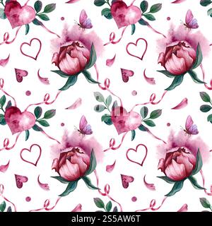 Romantisches nahtloses Muster mit Pfingstrose und Herzen. Aquarellillustration mit rosa Schleife, Schmetterling und unscharfem Fleck auf isoliertem Hintergrund. Für Valen Stockfoto