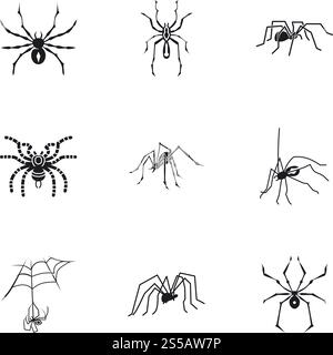 Spider-Symbolsatz. Einfacher Satz von 9 Spider-Vektor-Symbolen für Webdesign isoliert auf weißem Hintergrund. Spider-Symbol-Set, einfacher Stil Stock Vektor