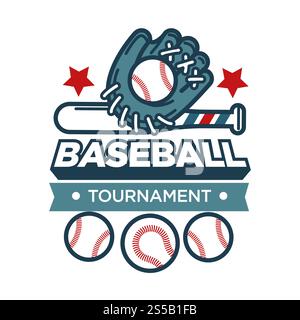 Werbeemblem für Baseball-Turniere mit sportlichem Lederhandschuh, weißen Kugeln und Holzschläger. Sportwettbewerb kommerzielles Logo isolierte Zeichentrickfilm flache Vektor-Illustration auf weißem Hintergrund.. Werbeemblem für Baseball-Turniere mit sportlichen Handschuhen und Bälle Stock Vektor