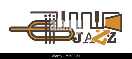 Jazz-Werbeemblem mit abstrakter goldener Pfeife und Schlüsseln. Klassische Musikinstrumente kombiniert in ungewöhnlicher Form Werbung Logotyp isolierte Zeichentrickfilm flache Vektorillustration auf weißem Hintergrund. Jazz-Werbeemblem mit abstrakter goldener Pfeife und Schlüsseln Stock Vektor