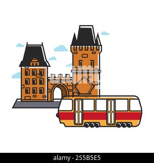 Mittelalterliche Architektur aus gelbem Backstein und Retro-Straßenbahn. Historisches Gebäude im europäischen Stil mit Türmen und elektrischem öffentlichem Verkehr isolierte Zeichentrickfilm flache Vektorillustration auf weißem Hintergrund. Mittelalterliche Architektur aus gelbem Backstein und Retro-Straßenbahn Stock Vektor