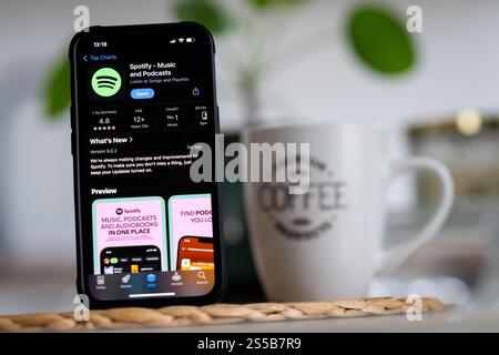 Polen. Januar 2025. In dieser Abbildung wird ein Spotify-Logo auf einem Smartphone angezeigt. Quelle: SOPA Images Limited/Alamy Live News Stockfoto