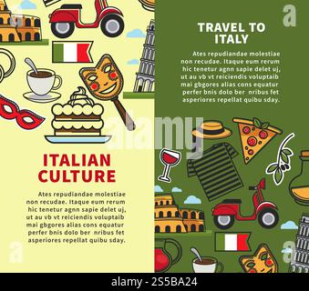 Reisen Sie nach Italien vertikale Werbebroschüren mit Beispieltext. Leckere Küche, spektakuläre Architektur, Öko-Transport, Theaterkunst und lokale Outfit-Comic-Vektor-Illustrationen auf Broschüren. Vertikale Werbebroschüren für Reisen nach Italien mit Beispieltext Stock Vektor