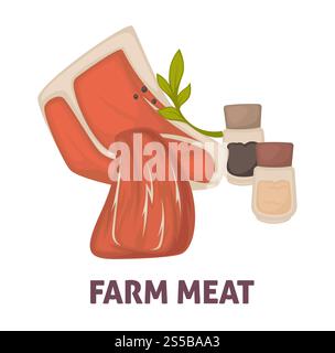 Werbeplakat für Fleisch mit Salz und Papier. Metzgerwaren von hoher Qualität mit Gewürzen und Grünpflanzen. Frisches Kalb und Schweinefleisch isolierte Karikatur flache Vektor-Illustration auf weißem Hintergrund. Werbeplakat für Fleisch mit Salz und Papier Stock Vektor