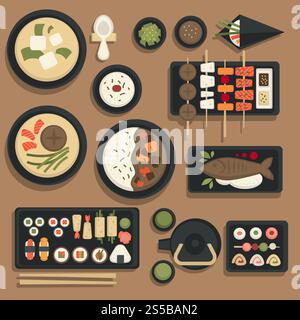 Japanische Küche traditionelle Gerichte Ikonen Sushi-Brötchen, bento-Gerichte mit Fisch oder Miso-Ramen und Udon-Nudelsuppe. Vector Seafood Tempura und Reis mit Essstäbchen und Teegetränk für Japan Restaurant Menü. Japanische Küche und Sushi bento Vektorsymbole für traditionelle japanische Küche Restaurant Menü Stock Vektor