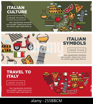 Italienische Kultur und Symbole auf Internet-Werbebanner. Köstliche nationale Küche und berühmte einzigartige Architektur auf Reisebüros kommerzielle Webseiten Vorlagen Cartoon Vektor Illustrationen.. Italienische Kultur und Symbole auf Internet-Werbebanner Stock Vektor