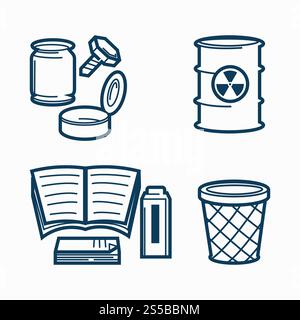 Müll verschiedener Art und Büromüll. Metallbolzen, Glasglas, offene Dose, Fass mit giftigen Abfällen, kleiner Korb und Abfallpapier isolierte Zeichentrickfilm flache monochrome Vektor Illustrationen Set.. Müll verschiedener Art und Büromüll Stock Vektor