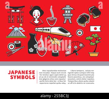 Japan-Reiseplakat mit berühmten japanischen Wahrzeichen und kulturellen Sehenswürdigkeiten. Vektor Japanische Flagge, Fuji in Tokio, Geisha-Frau Kimono und Sushi für die japanische Tourismusagentur. Japan-Reiseplakat mit japanischen Sehenswürdigkeiten und berühmten Wahrzeichen Stock Vektor