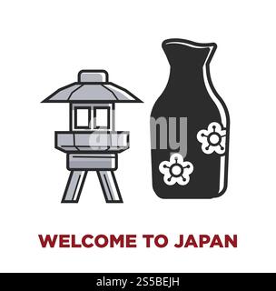 Willkommen in Japan Werbeplakat mit kleiner Laterne und schwarzer Vase mit Blumen. Traditionelle japanische Kulturelemente. Metalllampe und dekoratives china-Schiff isolierte Karikaturvektor-Illustration.. Willkommen in Japan Werbeplakat mit kleiner Laterne und Vase Stock Vektor