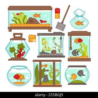 Aquarien von Fischbecken mit tropischen Fischen und Pflanzen. Vektortanks mit Filtrationssystem, Heizung, Löffelnetz und Thermometer und Wartungsausrüstung oder Fischfutter. Aquarium Fish Tank Vektor Symbole Stock Vektor