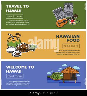 Hawaii Reisewebbanner mit berühmten Symbolen und touristischen Sehenswürdigkeiten. Vector Hawaiian traditionelle Hütte, Honolulu Aloha Tänzer mit Gitarre, Kokoscocktail oder Stammesmaske und Palmenstrand. Hawaii Travel berühmtes Wahrzeichen Vektor-Webbanner Stock Vektor