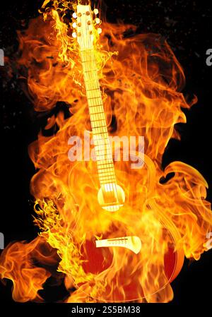 Brennende elektrische Gitarre auf schwarzem Hintergrund isoliert. Brennende Gitarre auf schwarzem Hintergrund isoliert Stockfoto