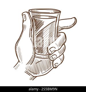 Männliche Hand hält ein kleines Glas mit einer Skizze des Alkoholgetränks. Köstliches Getränk in eleganten zerbrechlichen Glaswaren stark bemannt Palme isoliert Karikatur flache monochrome Vektor Illustration auf weißem Hintergrund. Männliche Hand hält Glas mit monochromer Illustration des Getränks Stock Vektor