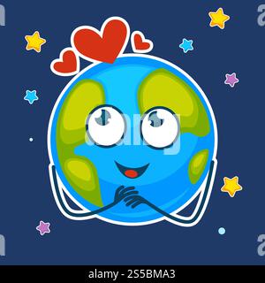 Erde mit traumhaftem Gesicht und Herzen über dem Sternenhimmel. Ein Planet, der einen aufregenden Gesichtsausdruck, glänzende Augen und gefaltete Hände hat. Entzückende Kugel in der Liebe im freien Raum Cartoon flache Vektor Illustration.. Erde mit traumhaftem Gesicht und Herzen über dem Sternenhimmel Stock Vektor