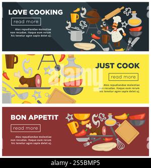 Webbanner für Schulen oder Kochkurse. Vektor-Design-Vorlage für Kochen Küchenutensilien, Geschirrzutaten und Besteck-Ikonen von Topf, Messer oder Gabel und Koch Mann. Kochschule Küchenutensilien Vektor-Web-Banner Stock Vektor