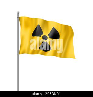Radioaktive Nuklear-Symbolflagge, dreidimensionales Rendering, isoliert auf weiß. Radioaktive Kernsymbolflagge isoliert auf weiß Stockfoto