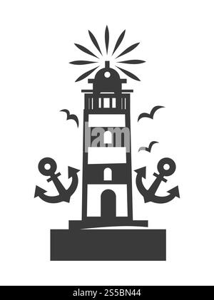 Hohes Leuchtfeuer mit hellem Licht auf der Oberseite, umgeben von Möwen und zwei Ankersilhouette. Marine gestreifter Leuchtturm auf rechteckigem Stand isolierte Zeichentrick flache Vektor-Illustration auf weißem Hintergrund. Hohe Rundumleuchte mit hellem Licht auf der Oberseite monochromer Abbildung Stock Vektor